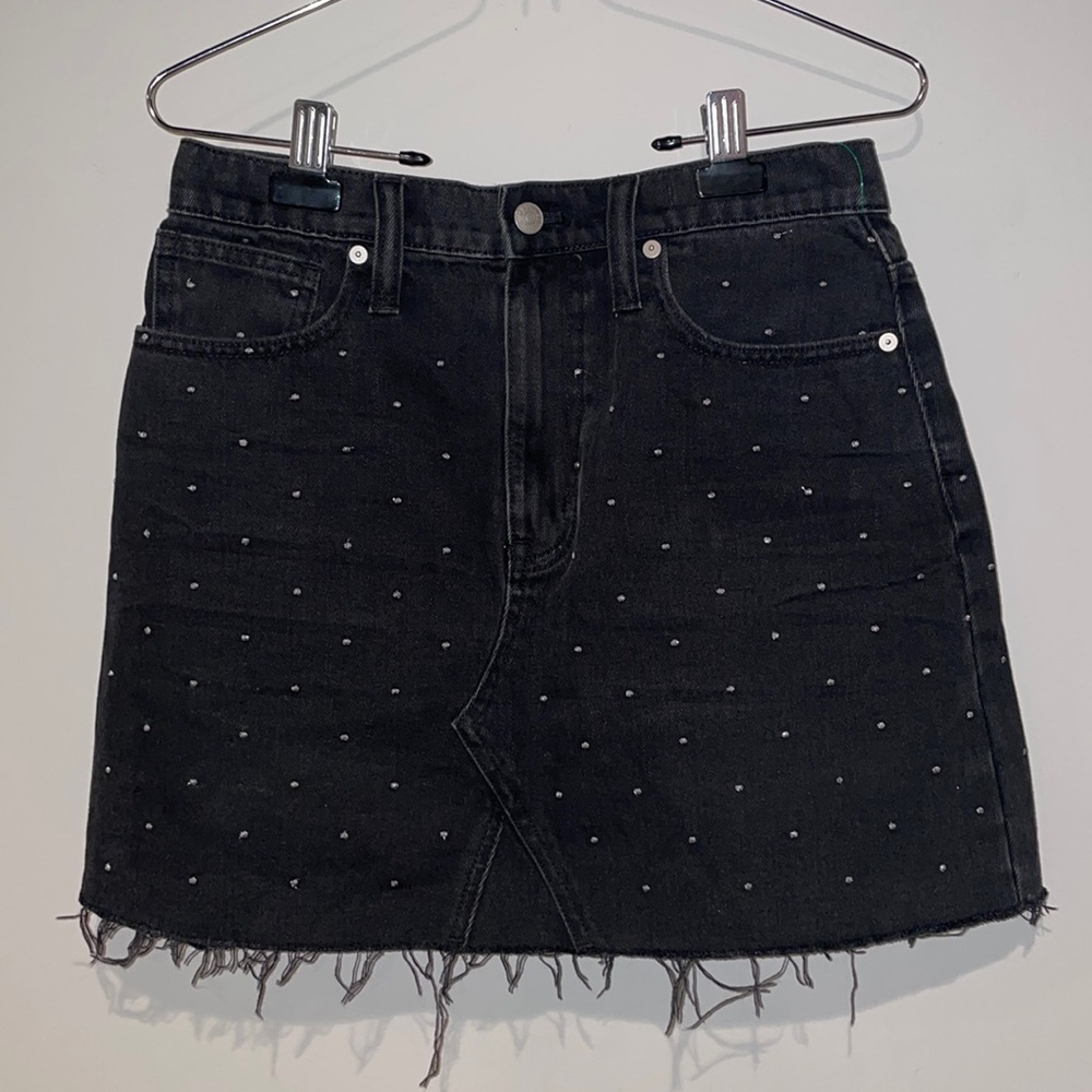Madewell Black Mineral Wash Silver Polka Dot Cutoff Sz 27 Denim Mini Skirt - Picture 7 of 12
